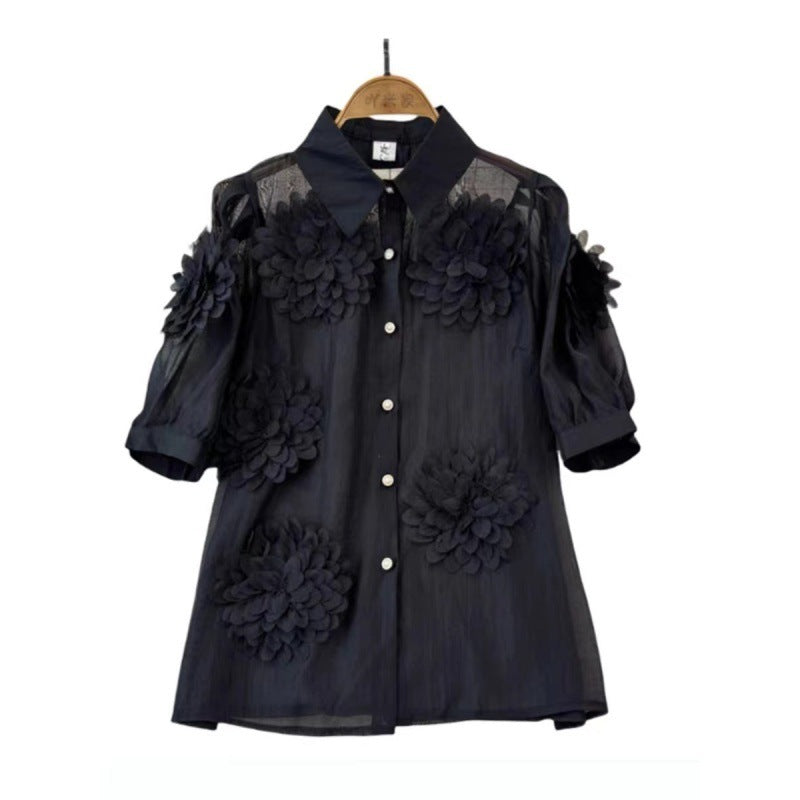 French Minority Unique Chic Shirt Three-dimensional Flower Puff Sleeve Versatile Top