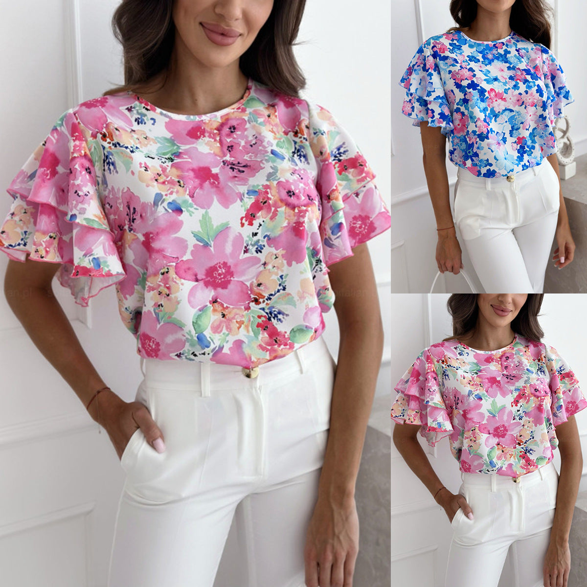 Printed Ruffle Sleeve Round Neck Simple Short Sleeve