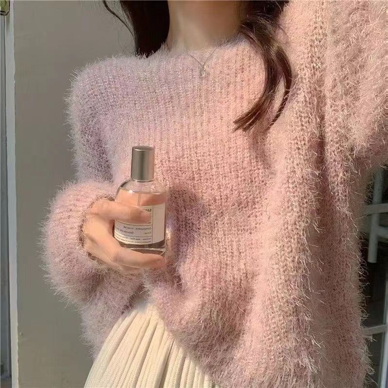 Women's Round Neck Pullover Puff Sleeve Sweater Younger Knitwear Outer Wear