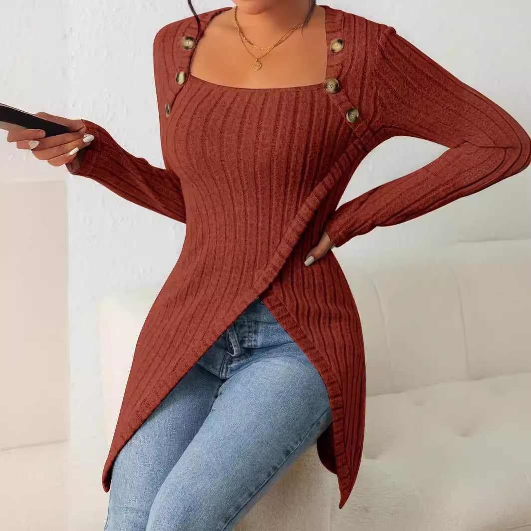 Knitted Square Collar Irregular T-shirt Top