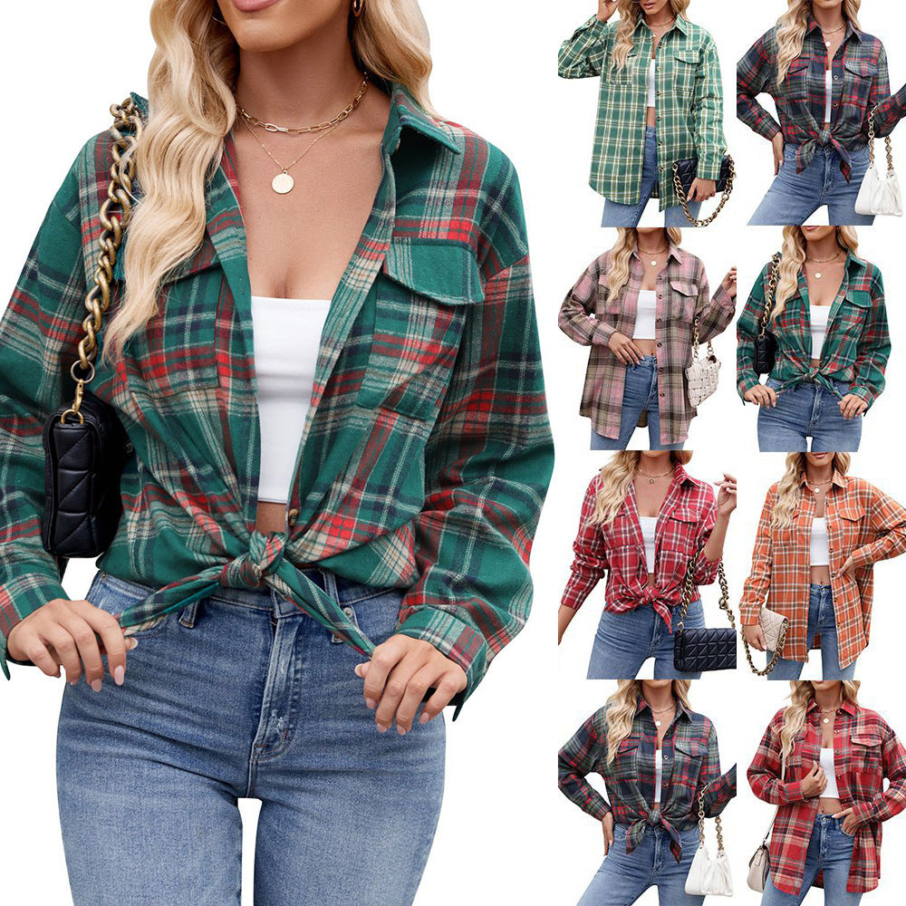 Casual Fashion Loose Plaid Pocket Shirt For Women