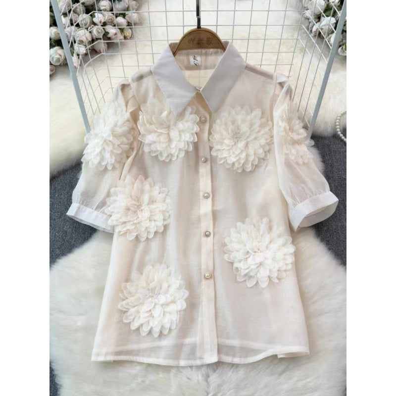 French Minority Unique Chic Shirt Three-dimensional Flower Puff Sleeve Versatile Top