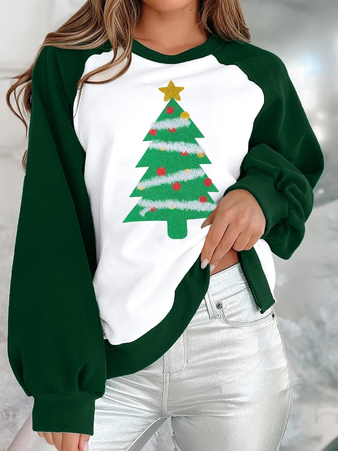 Women's Loose Fashion Round Neck Raglan Sweater European And American Christmas Digital Printing