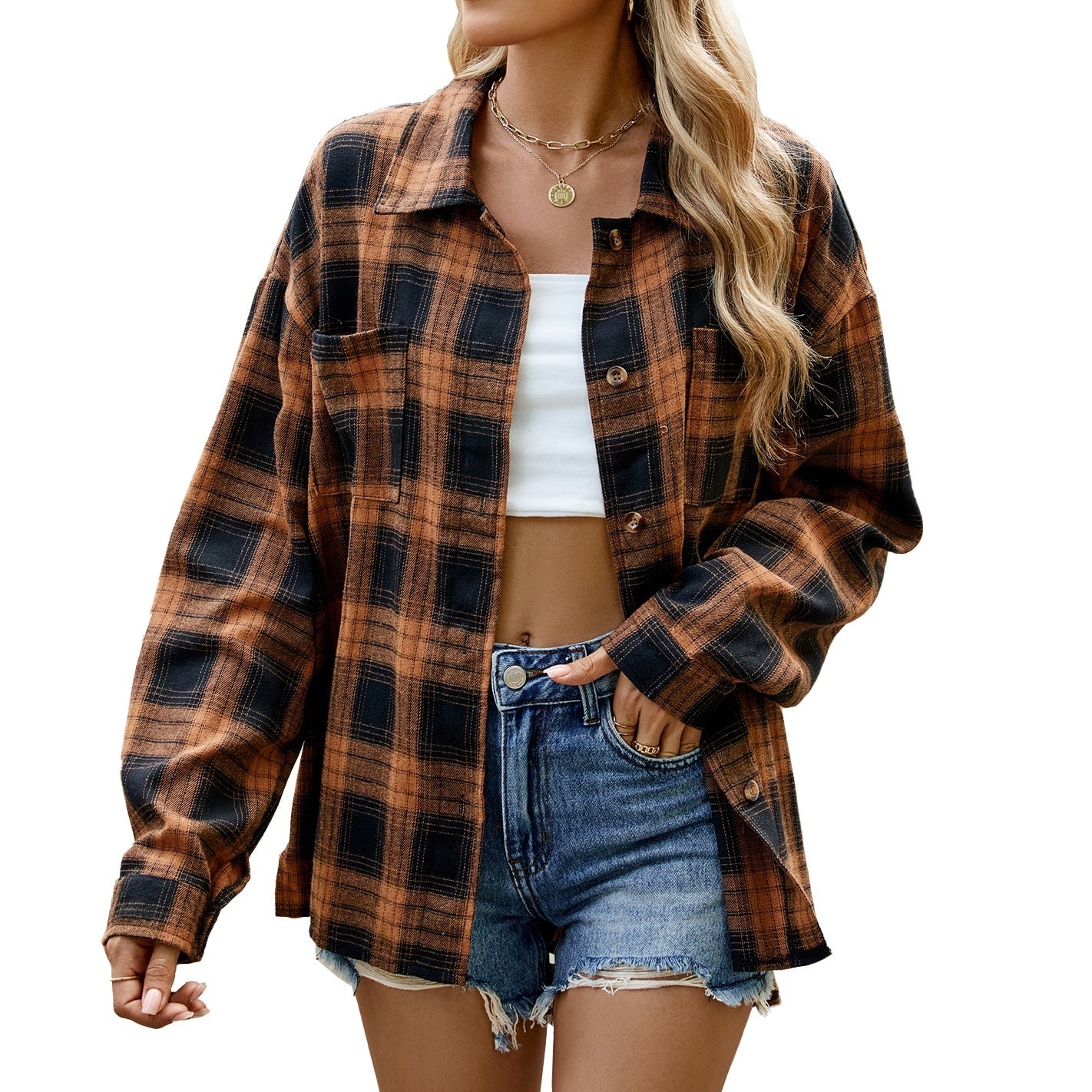 Lapel Plaid Contrast Color Striped Long Sleeve Shirt Coat