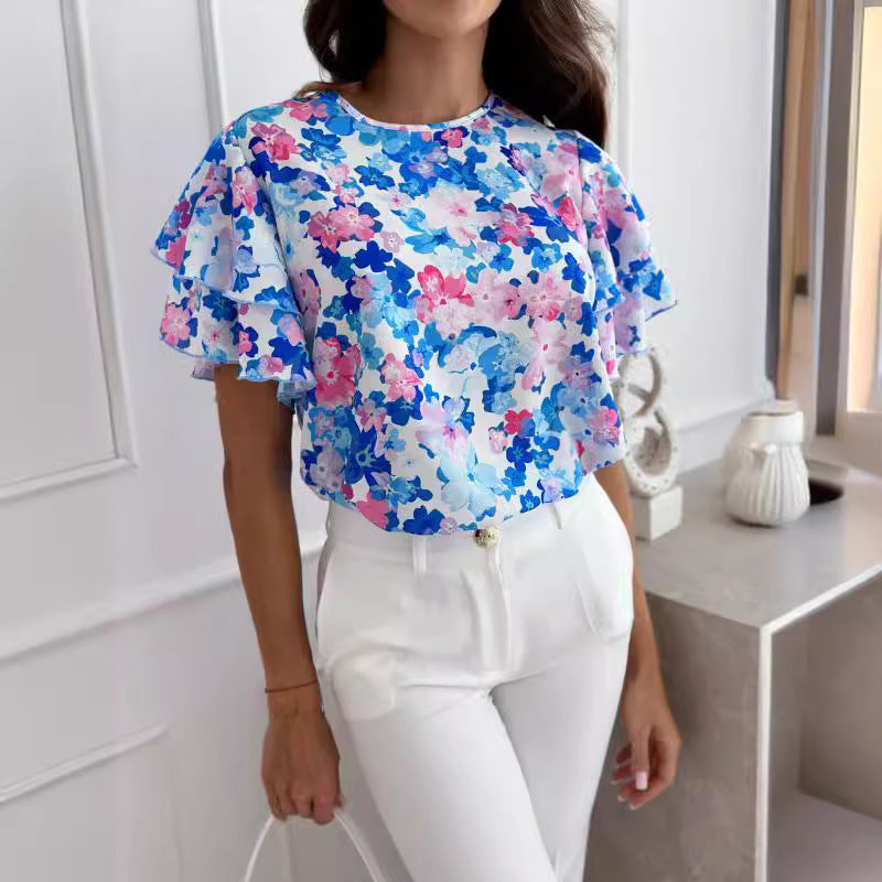 Printed Ruffle Sleeve Round Neck Simple Short Sleeve