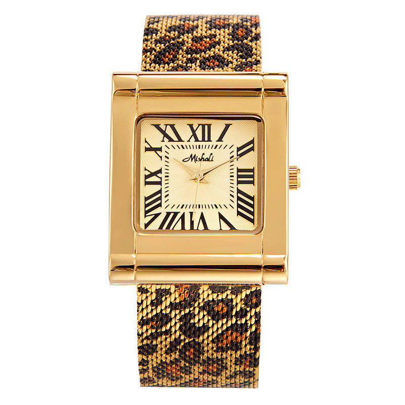 Fashion Steel Belt Leopard Print Mesh Square Watch For Women