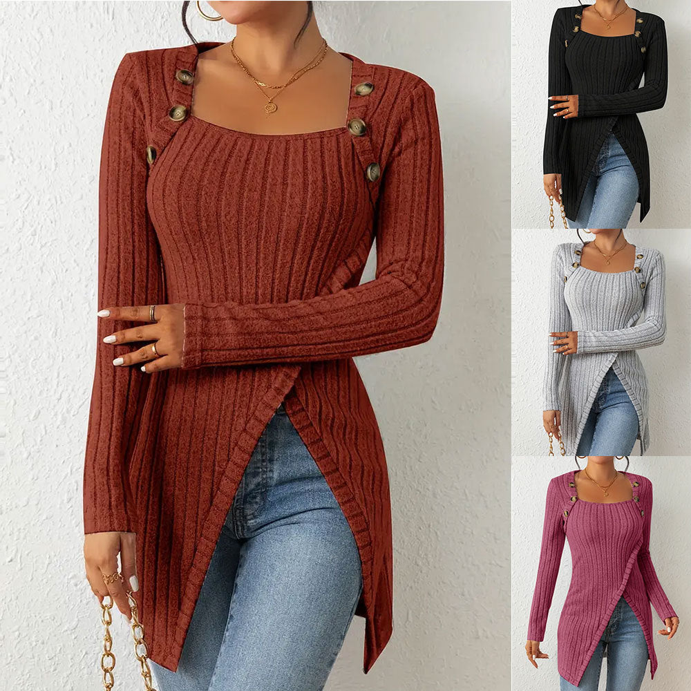 Knitted Square Collar Irregular T-shirt Top