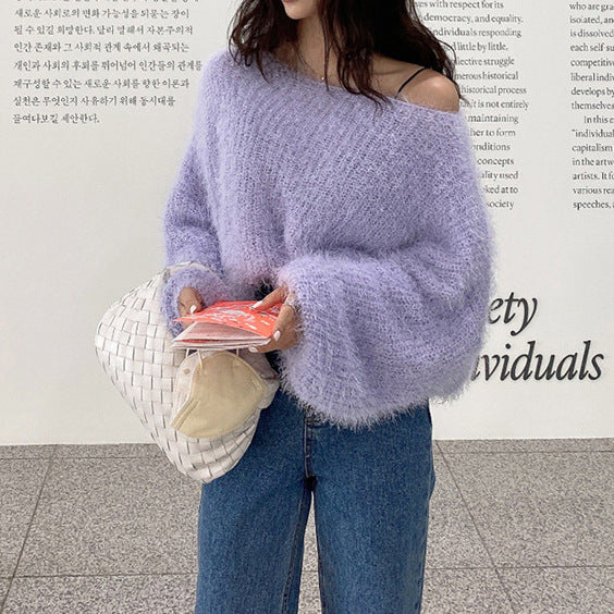 Women's Round Neck Pullover Puff Sleeve Sweater Younger Knitwear Outer Wear