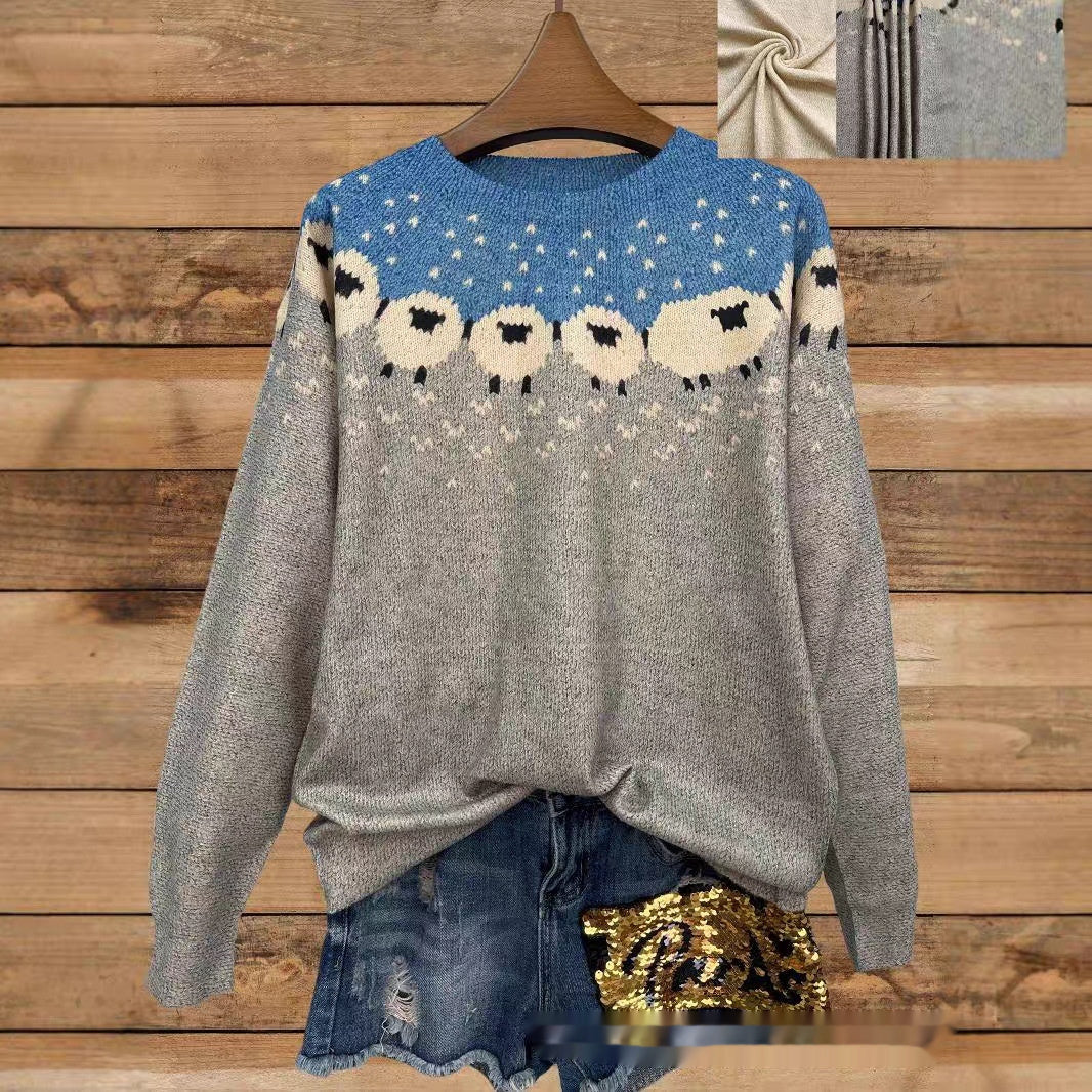 Autumn Thin Printed Round Neck Long Sleeve Knitted Loose Casual Top