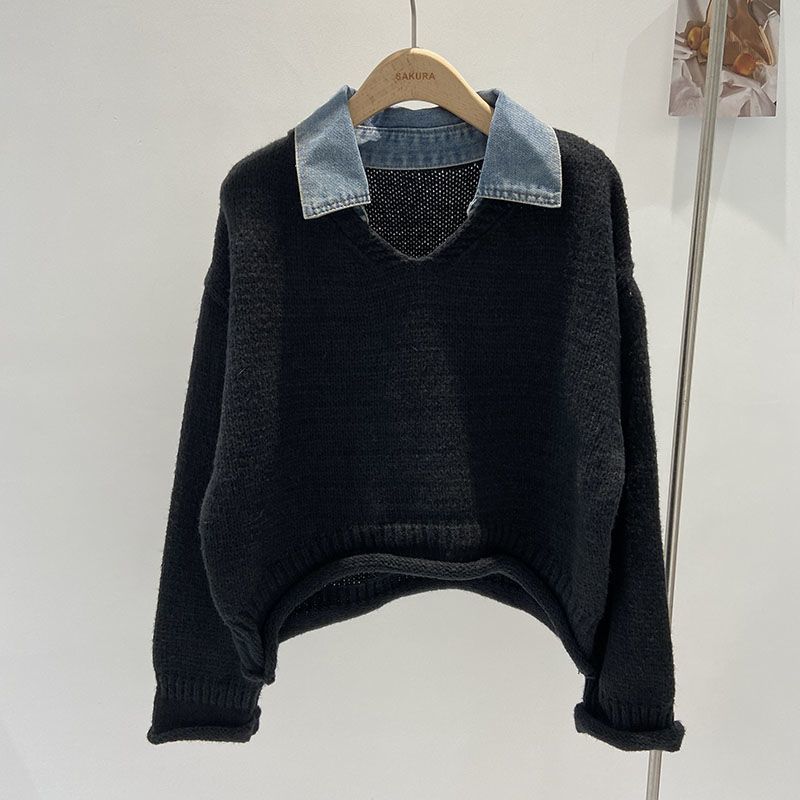 Stitching Denim High-grade Fake Two-piece Knitted Top