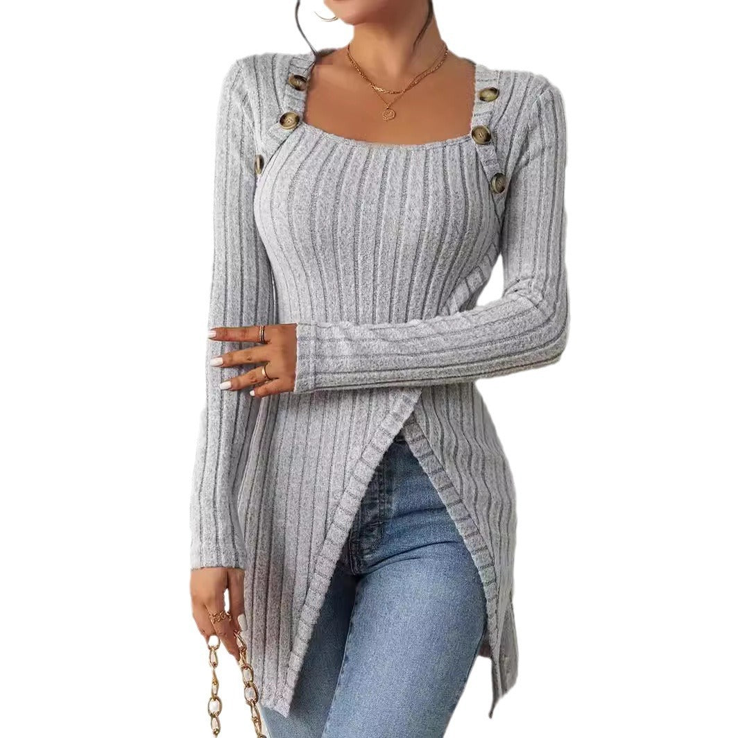 Knitted Square Collar Irregular T-shirt Top