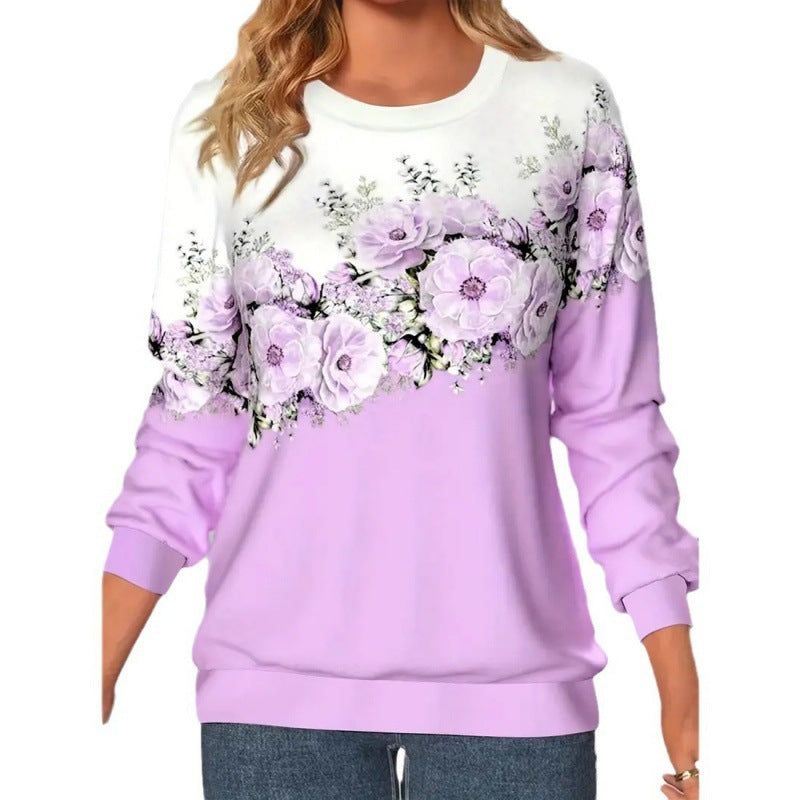 Women's Clothing Round Neck Long Sleeve Flower 3D Printed Pullover Sweatshirt