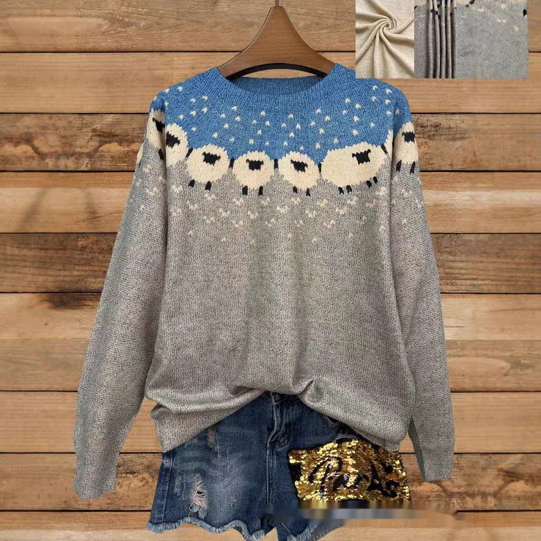 Autumn Thin Printed Round Neck Long Sleeve Knitted Loose Casual Top