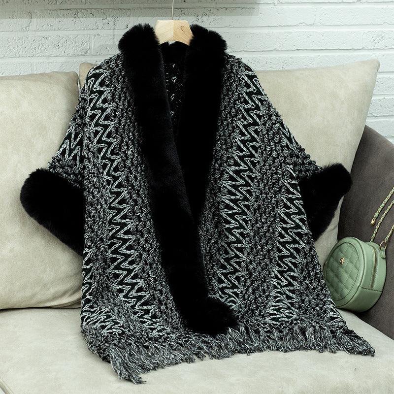 Women's Striped Knitted Tassel Cloak Loose Ethnic Style