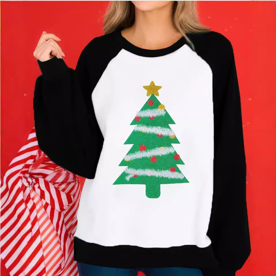 Women's Loose Fashion Round Neck Raglan Sweater European And American Christmas Digital Printing